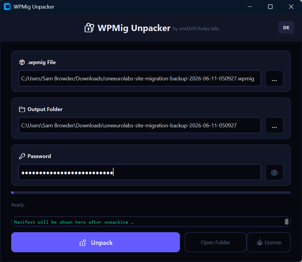 WPMig Unpacker Screenshot